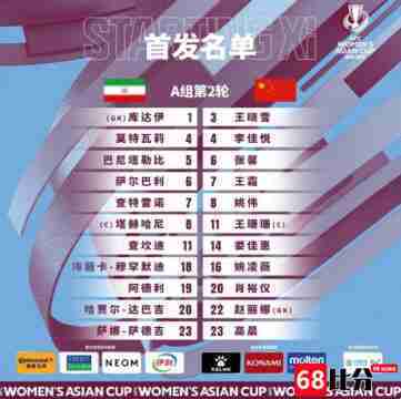 中国女足vs伊朗亚洲杯先发：娄佳惠，高晨在内