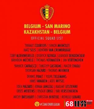 比利时国家队名单最新一览：梅切勒，米尼奥莱入选
